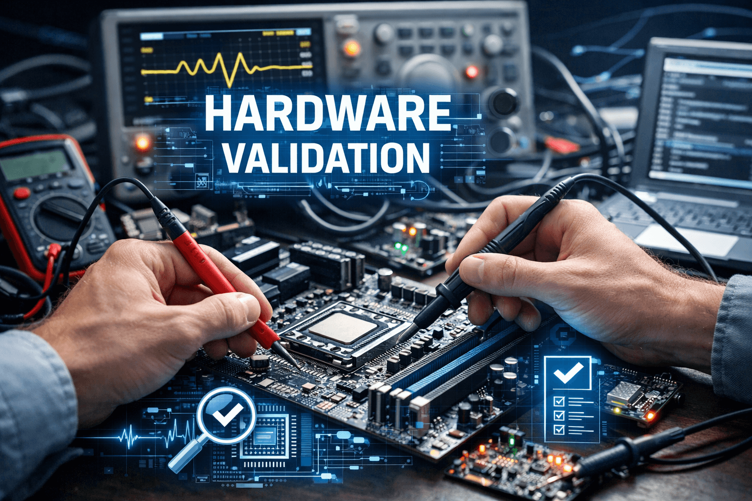 A technician validating a laptop motherboard