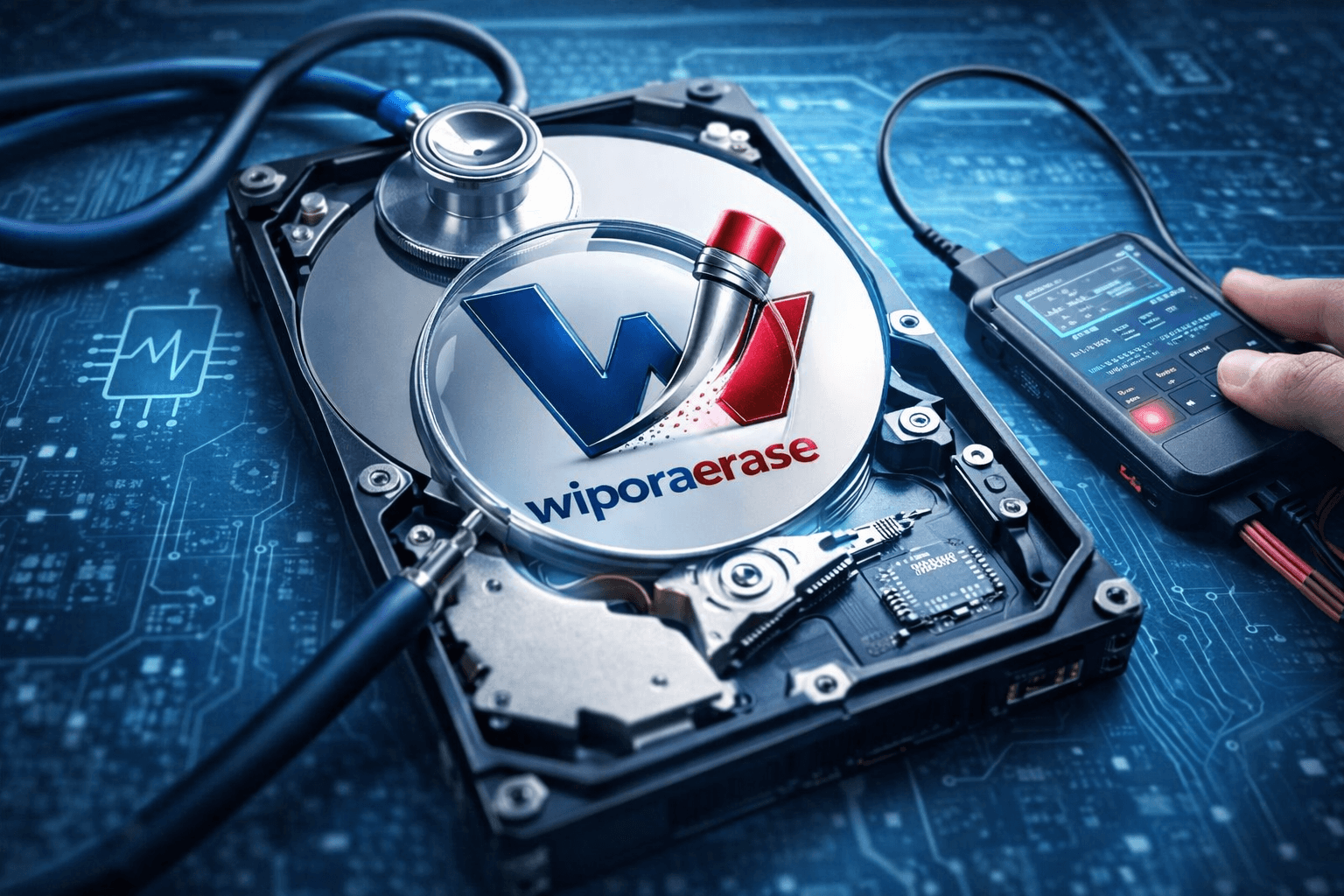 A hard drive being examined with Wipora Erase Drive Diagnostics