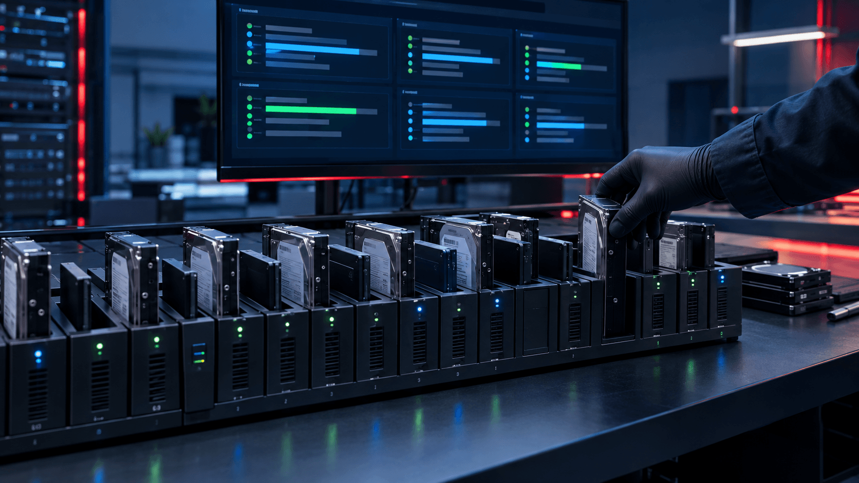 A technician adding a drive to a busy erasure bench while other drives keep erasing